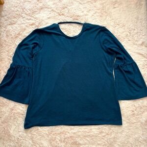 Diane Gilman DG2 Woman Plus 1X Teal Bell Sleeve Top • Scoop Neck Stretch Knit Bl